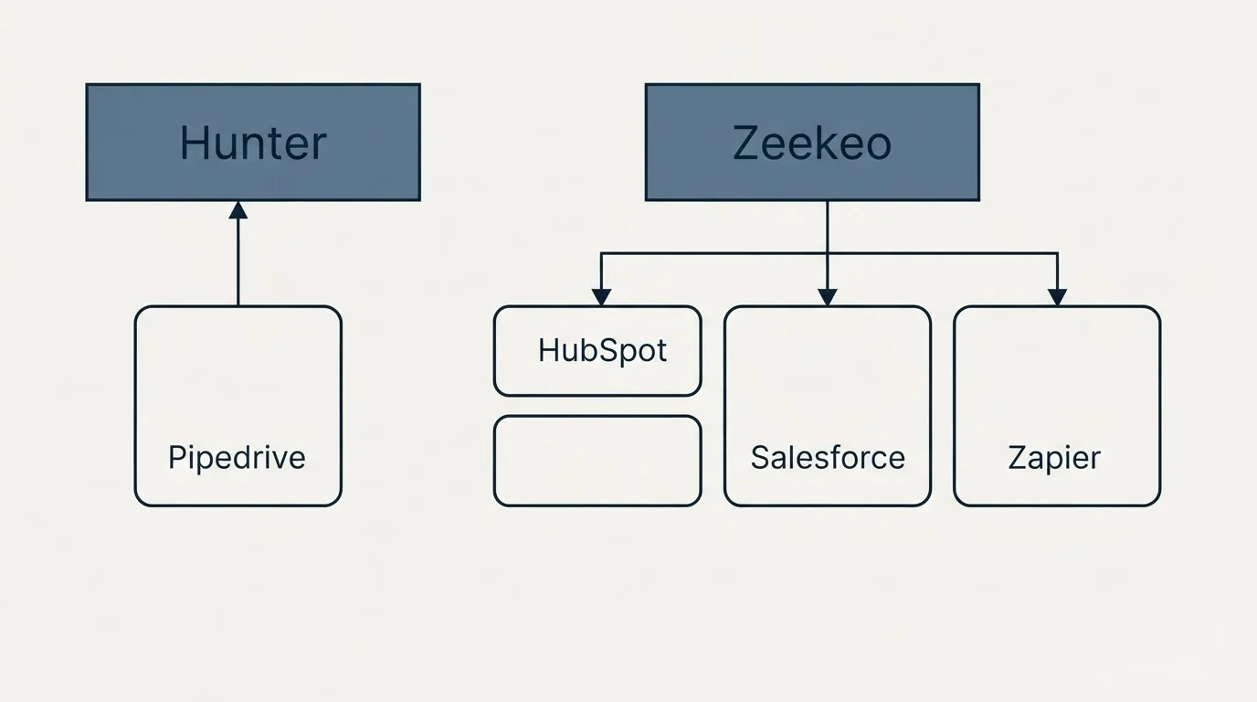 Integration grid: Integration Ecosystem (Hunter, Zeekeo, HubSpot, Salesforce)