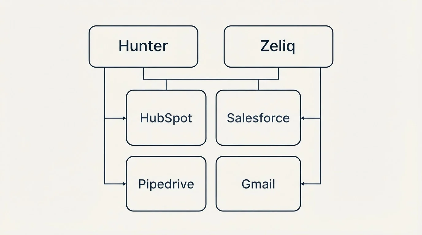 Integration grid: Integration Ecosystem (Hunter, Zeliq, HubSpot, Salesforce)