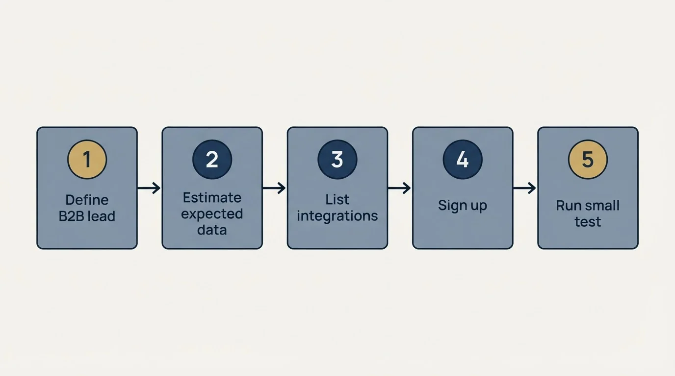 Step sequence: Getting Started Checklist (Define B2B lead, Estimate expected data, List integrations, Sign up)