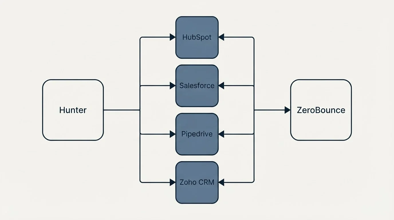 Integration flow: Integration Ecosystem (Hunter, ZeroBounce, HubSpot, Salesforce)