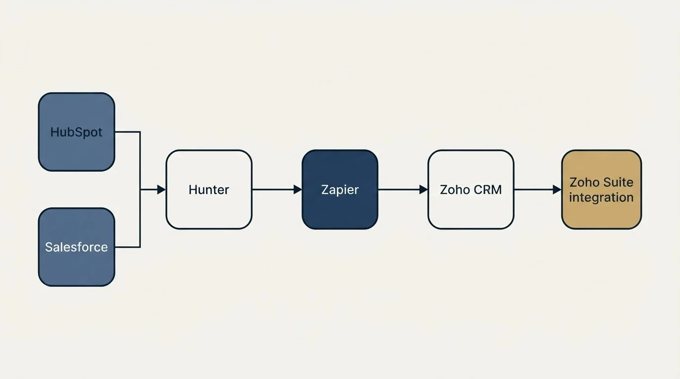 Integration flow: Integration Ecosystem (Hunter, Zoho CRM, Zapier, HubSpot)