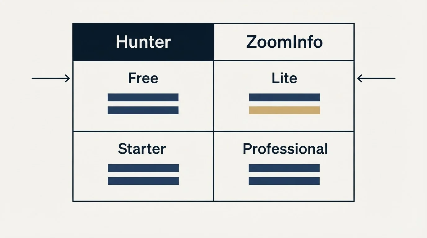 Pricing table: Pricing Comparison (Hunter, ZoomInfo, Free, Lite)