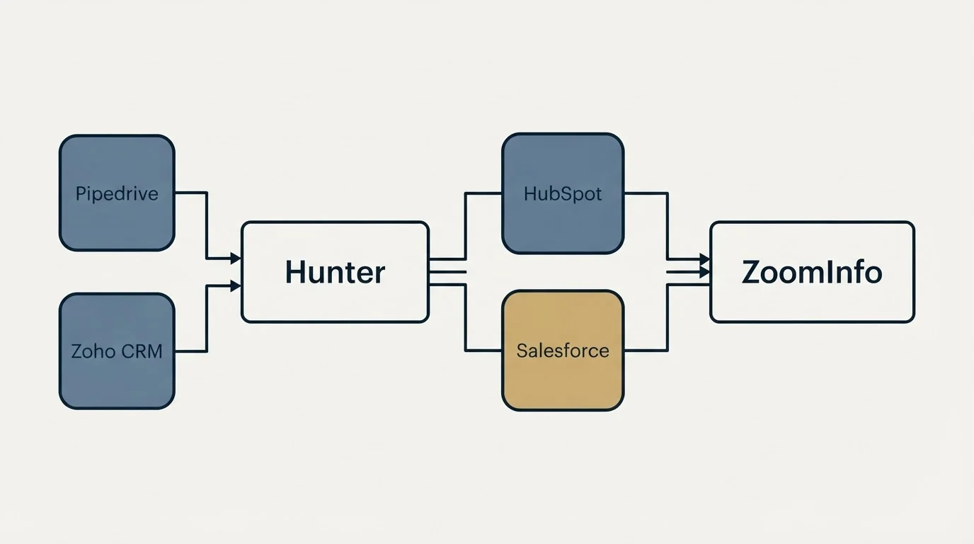 Integration schematic: Integration Ecosystem (Hunter, ZoomInfo, HubSpot, Salesforce)