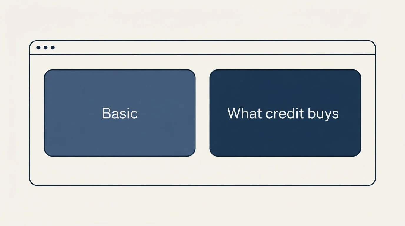 Feature grid: What a credit buys on each tool (Basic, What credit buys)