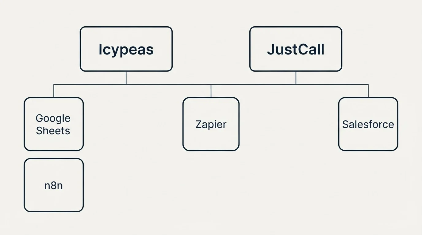 Integration grid: Integration Ecosystem (Icypeas, JustCall, Zapier, Google Sheets)