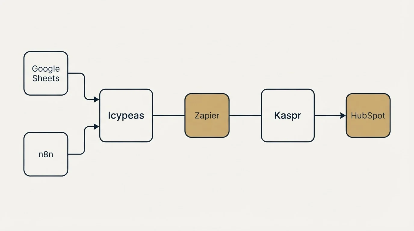 Integration schematic: Integration Ecosystem (Icypeas, Kaspr, Zapier, Google Sheets)