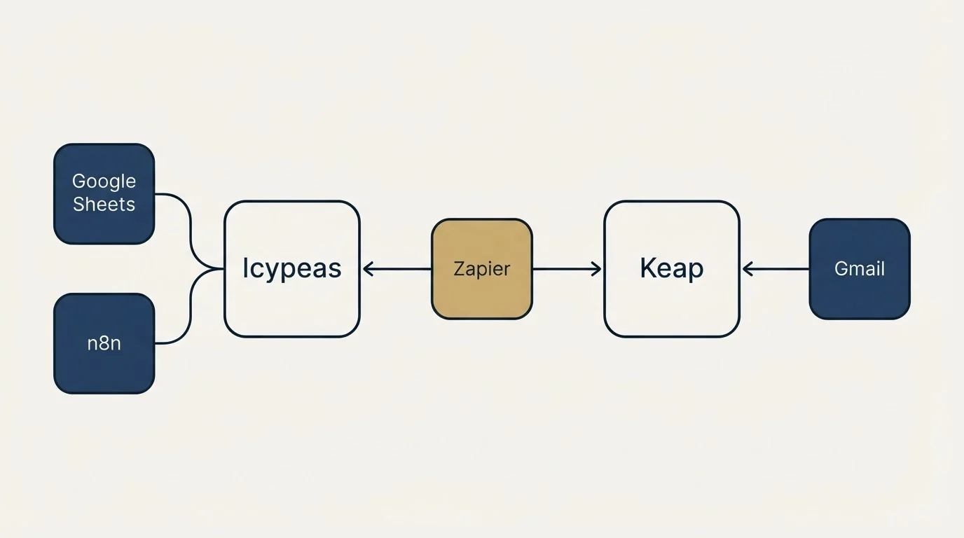 Integration schematic: Integration Ecosystem (Icypeas, Keap, Zapier, Google Sheets)