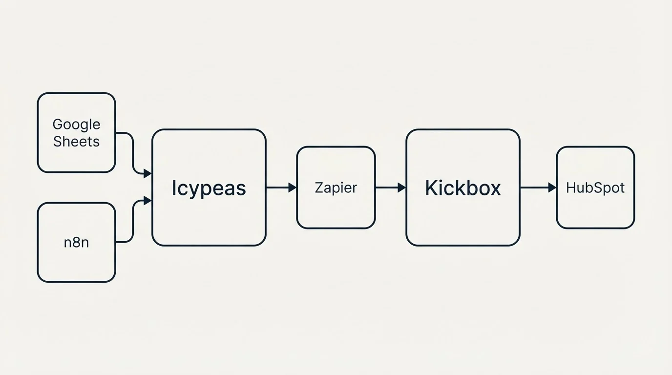 Integration schematic: Integration Ecosystem (Icypeas, Kickbox, Zapier, Google Sheets)
