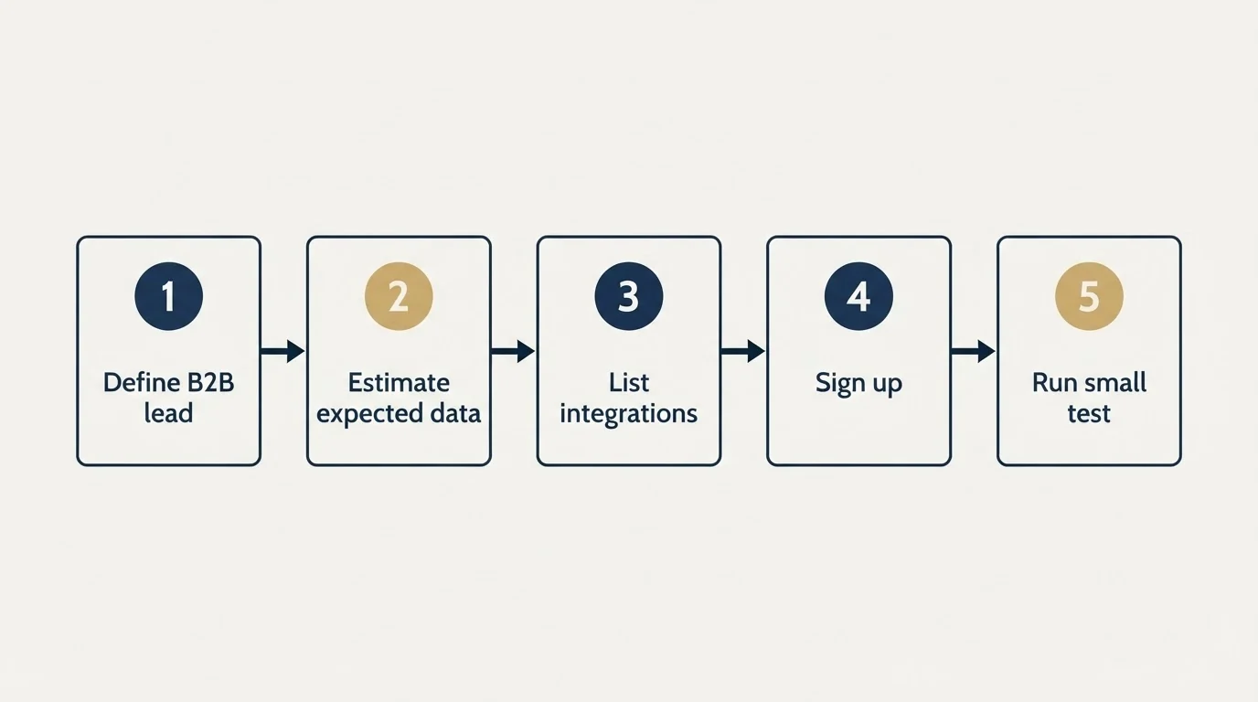 Step sequence: Getting Started Checklist (Define B2B lead, Estimate expected data, List integrations, Sign up)