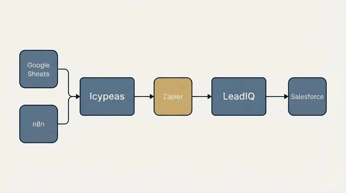 Integration flow: Integration Ecosystem (Icypeas, LeadIQ, Zapier, Google Sheets)