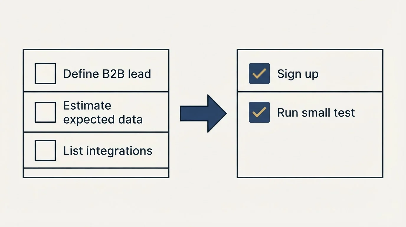 Before-and-after steps: Getting Started Checklist (Define B2B lead, Estimate expected data, List integrations, Sign up)