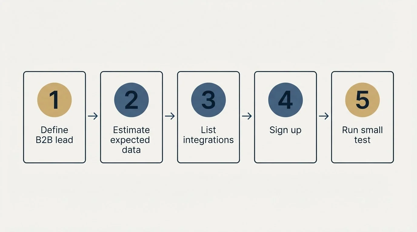Step sequence: Getting Started Checklist (Define B2B lead, Estimate expected data, List integrations, Sign up)
