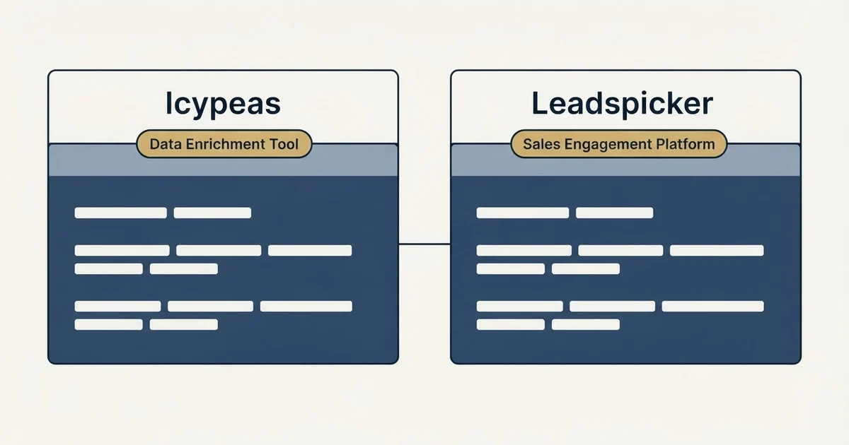 Side-by-side panels: Icypeas vs Leadspicker (Data Enrichment Tool, Sales Engagement Platform)