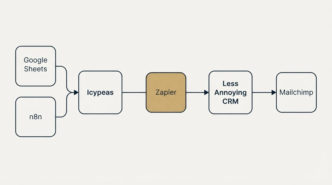 Integration schematic: Integration Ecosystem (Icypeas, Less Annoying CRM, Zapier, Google Sheets)
