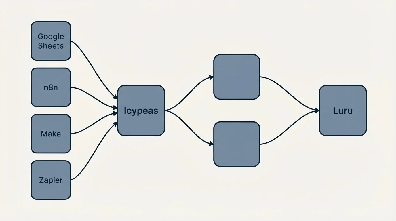 Integration schematic: Integration Ecosystem (Icypeas, Luru, Google Sheets, n8n)