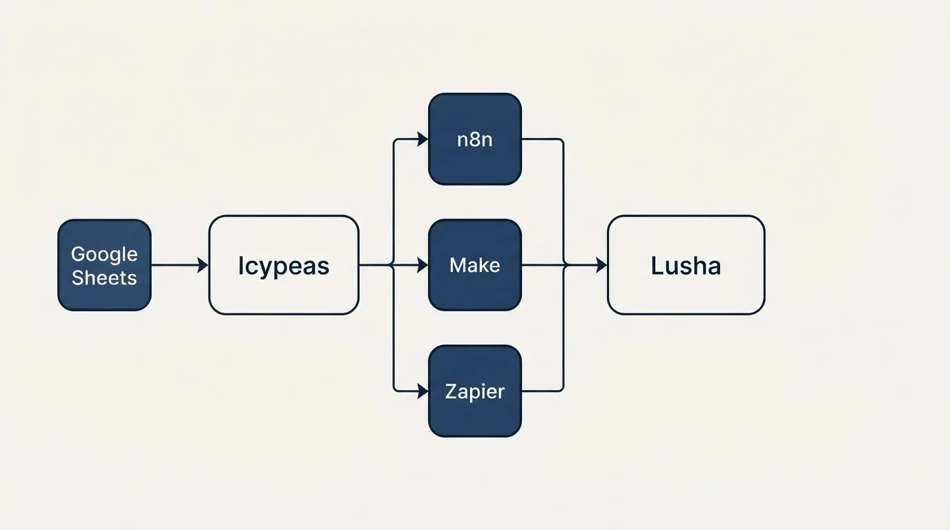 Integration flow: Integration Ecosystem (Icypeas, Lusha, n8n, Make)