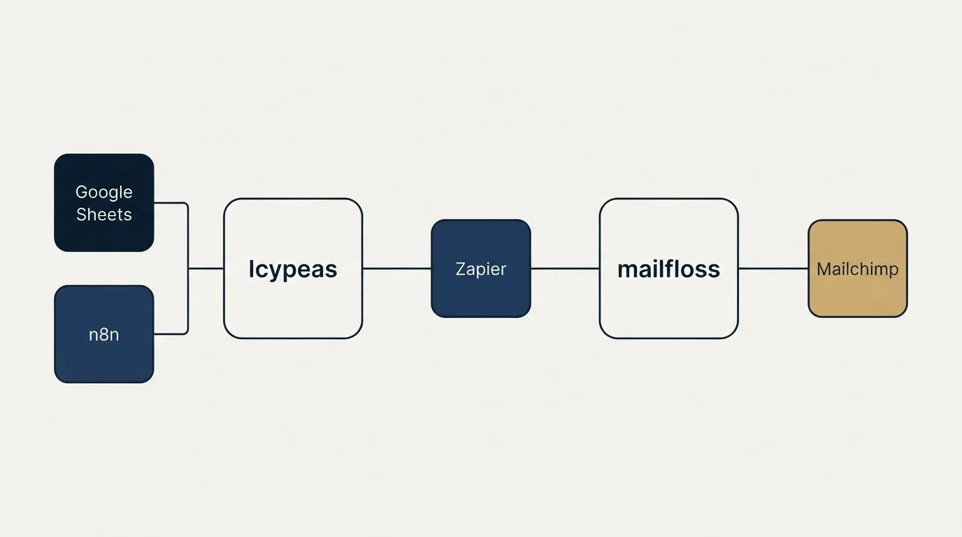 Integration flow: Integration Ecosystem (Icypeas, mailfloss, Zapier, Google Sheets)
