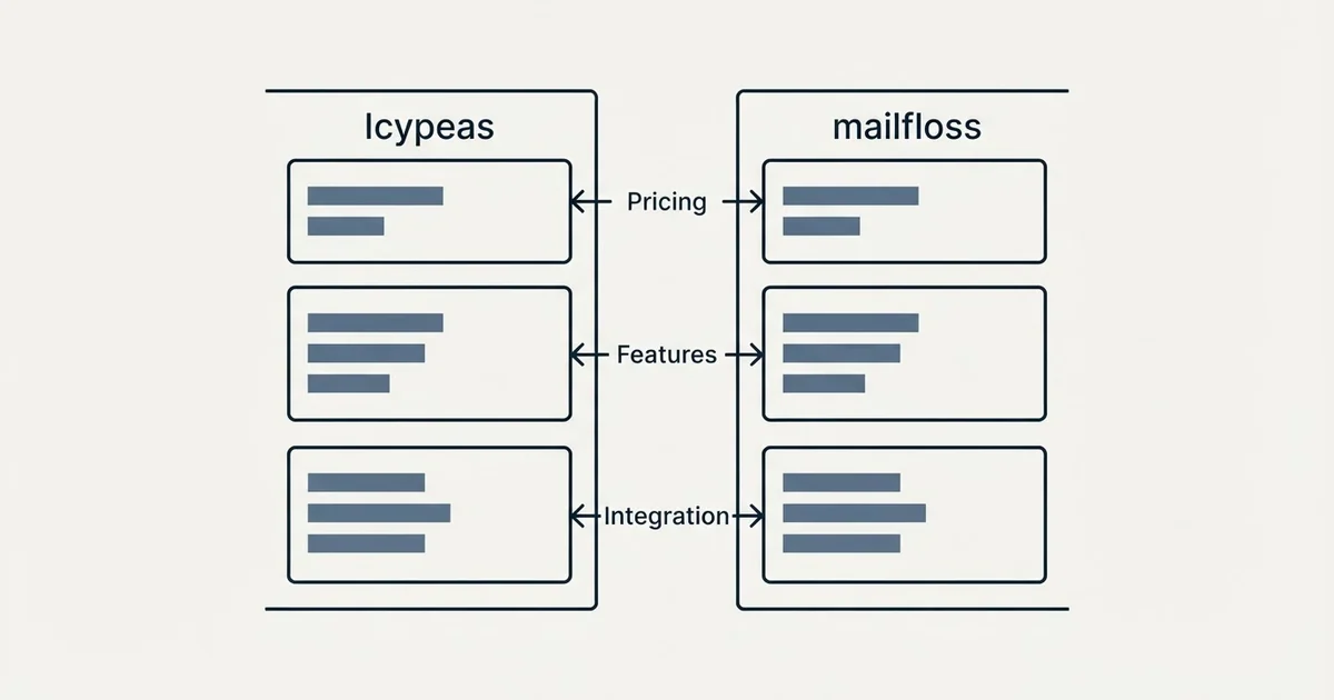 Comparison panel: Icypeas vs mailfloss (Pricing, Features, Integration)