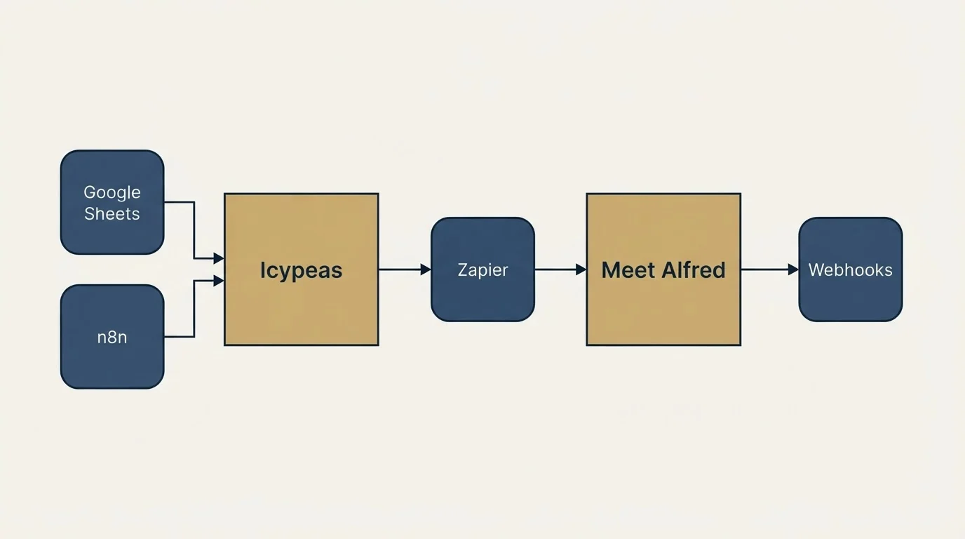Integration flow: Integration Ecosystem (Icypeas, Meet Alfred, Zapier, Google Sheets)