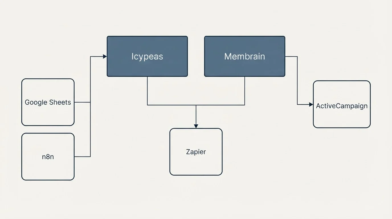 Integration grid: Integration Ecosystem (Icypeas, Membrain, Zapier, Google Sheets)