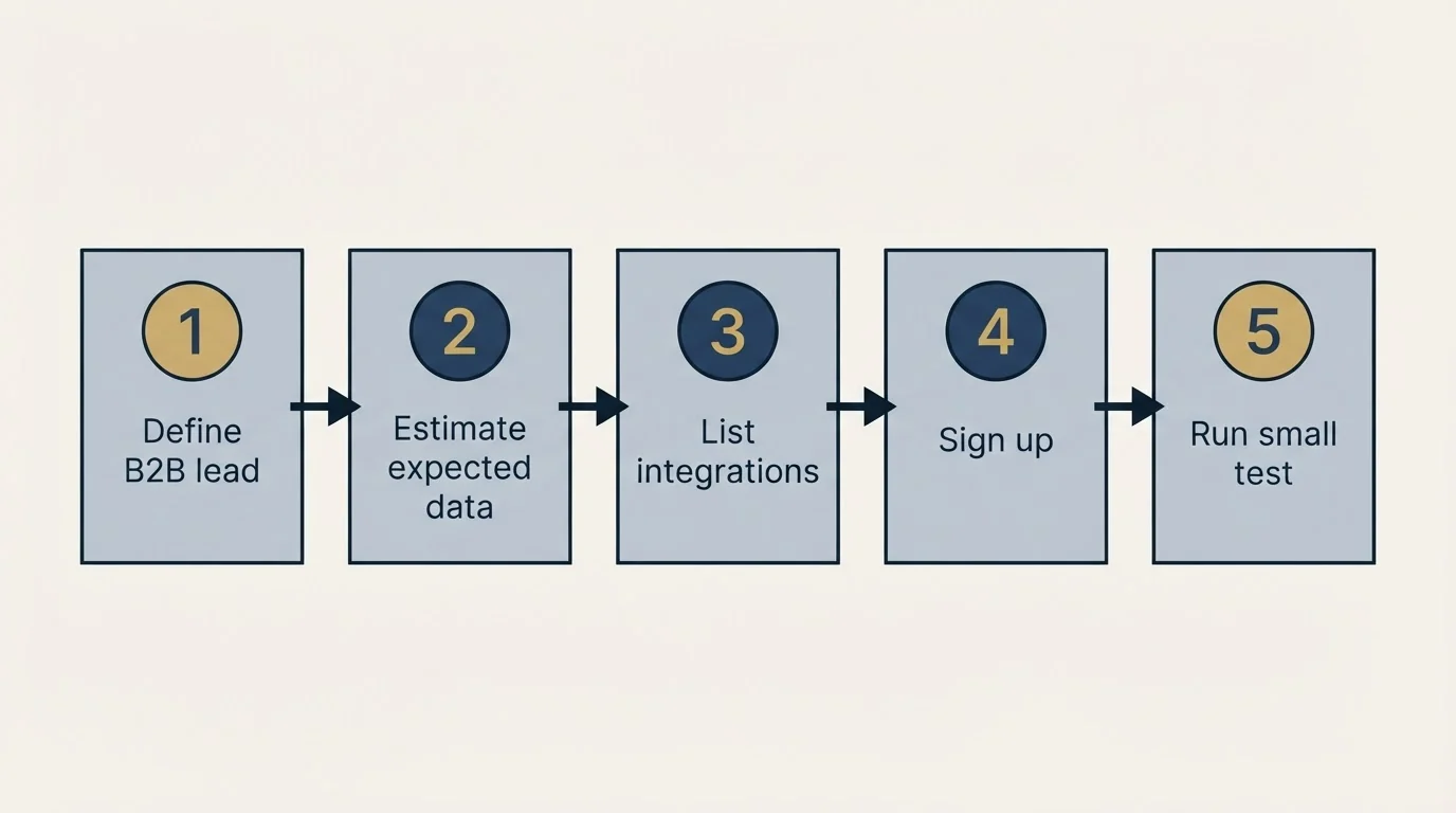 Step sequence: Getting Started Checklist (Define B2B lead, Estimate expected data, List integrations, Sign up)
