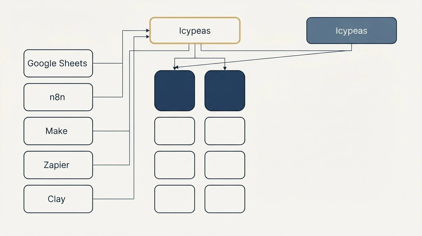 Integration grid: Integration Ecosystem (Icypeas, Google Sheets, n8n, Make)