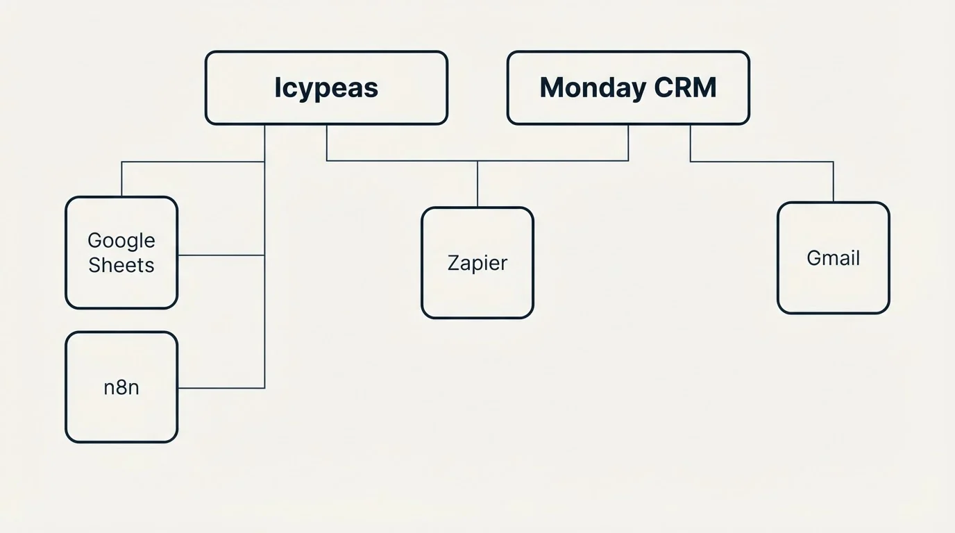 Integration grid: Integration Ecosystem (Icypeas, Monday CRM, Zapier, Google Sheets)