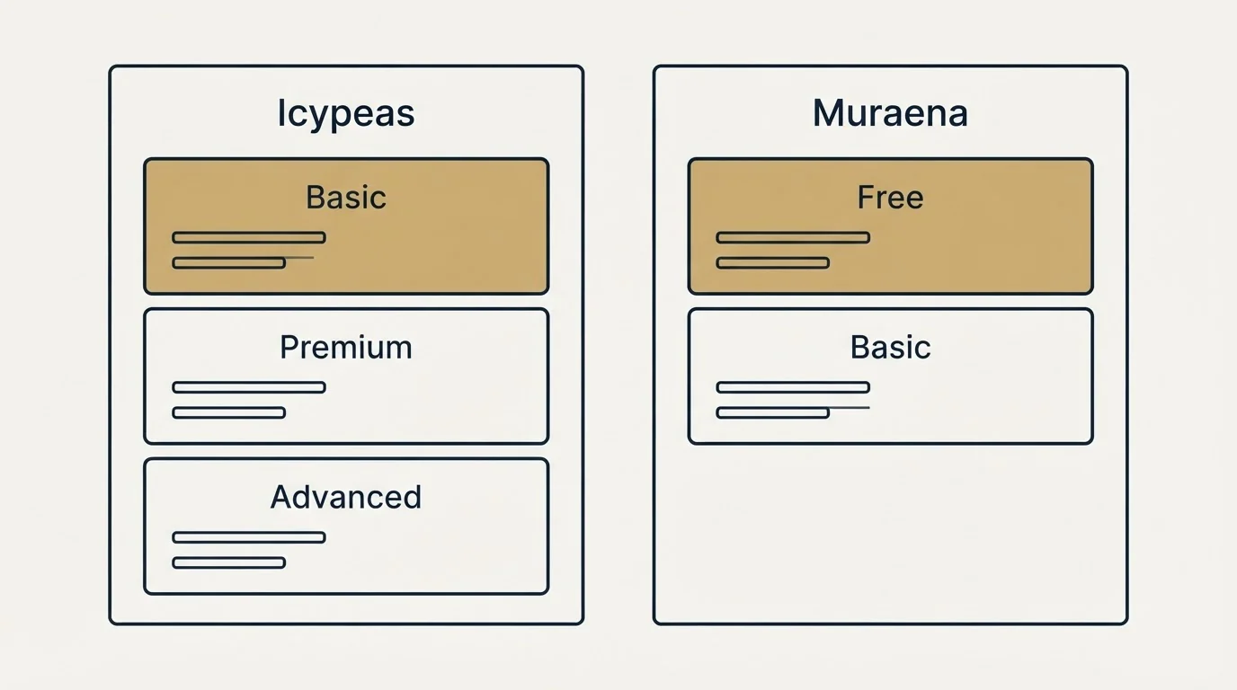 Pricing panels: Pricing Comparison (Icypeas, Muraena, Basic, Free)
