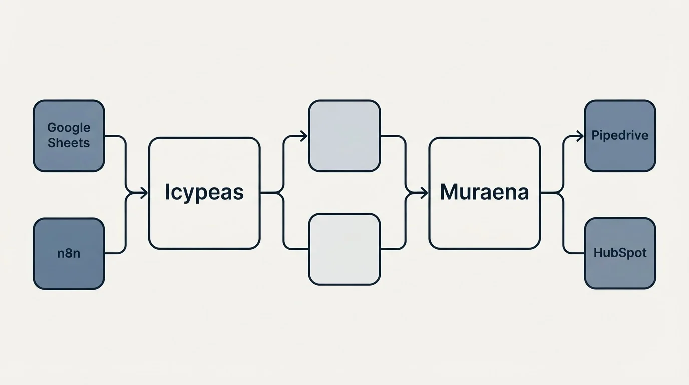 Integration schematic: Integration Ecosystem (Icypeas, Muraena, Google Sheets, Pipedrive)