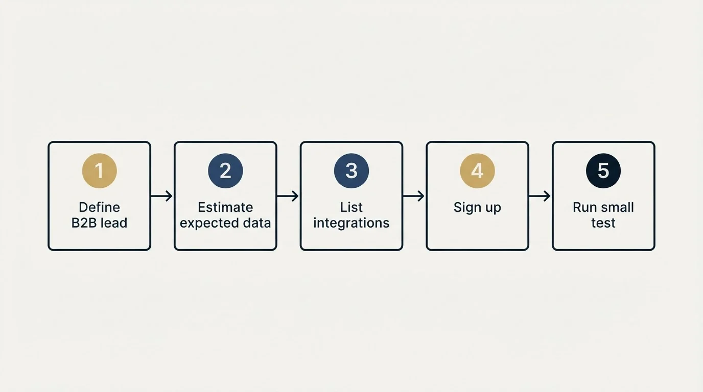 Step sequence: Getting Started Checklist (Define B2B lead, Estimate expected data, List integrations, Sign up)
