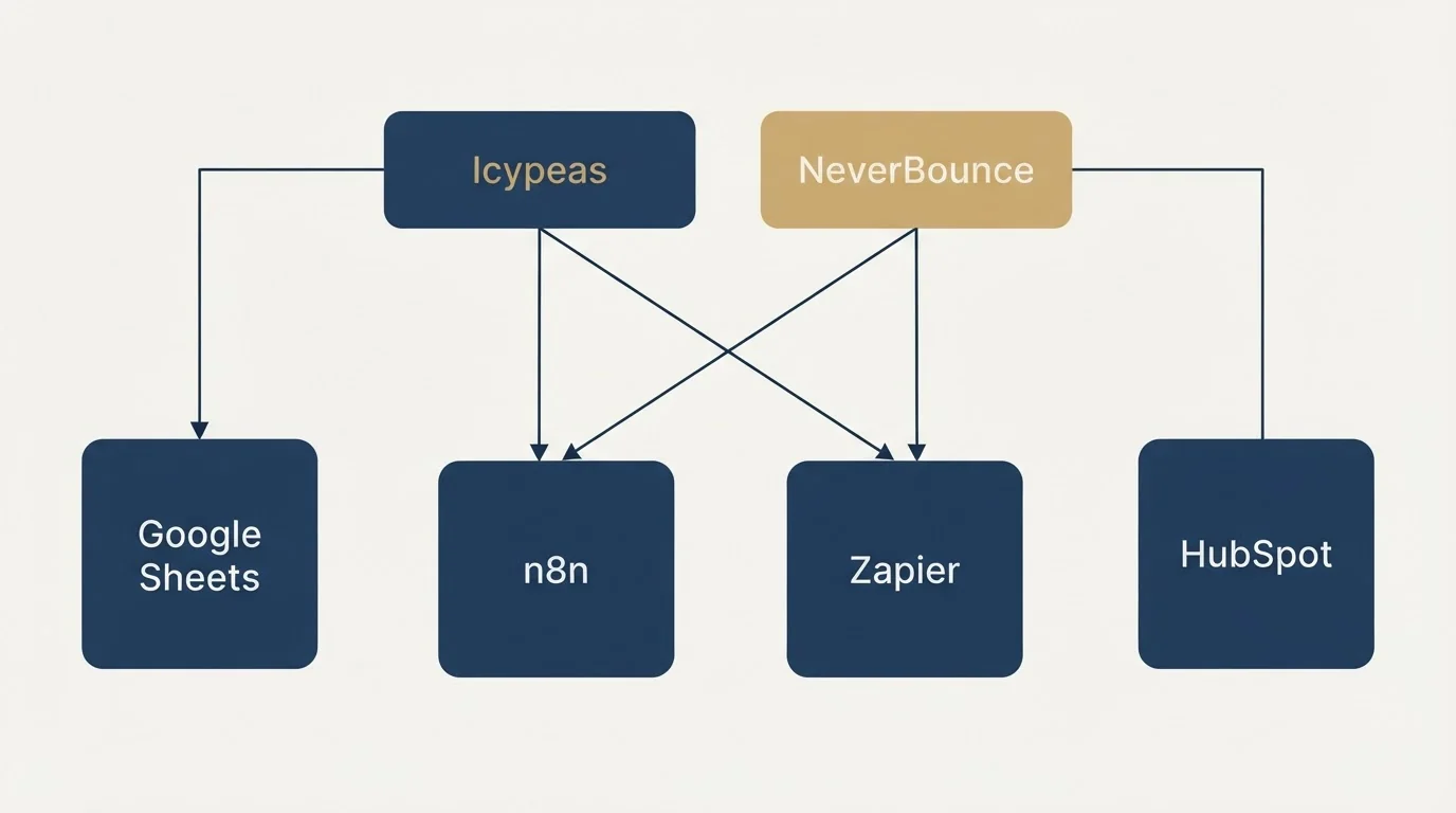 Integration grid: Integration Ecosystem (Icypeas, NeverBounce, n8n, Zapier)