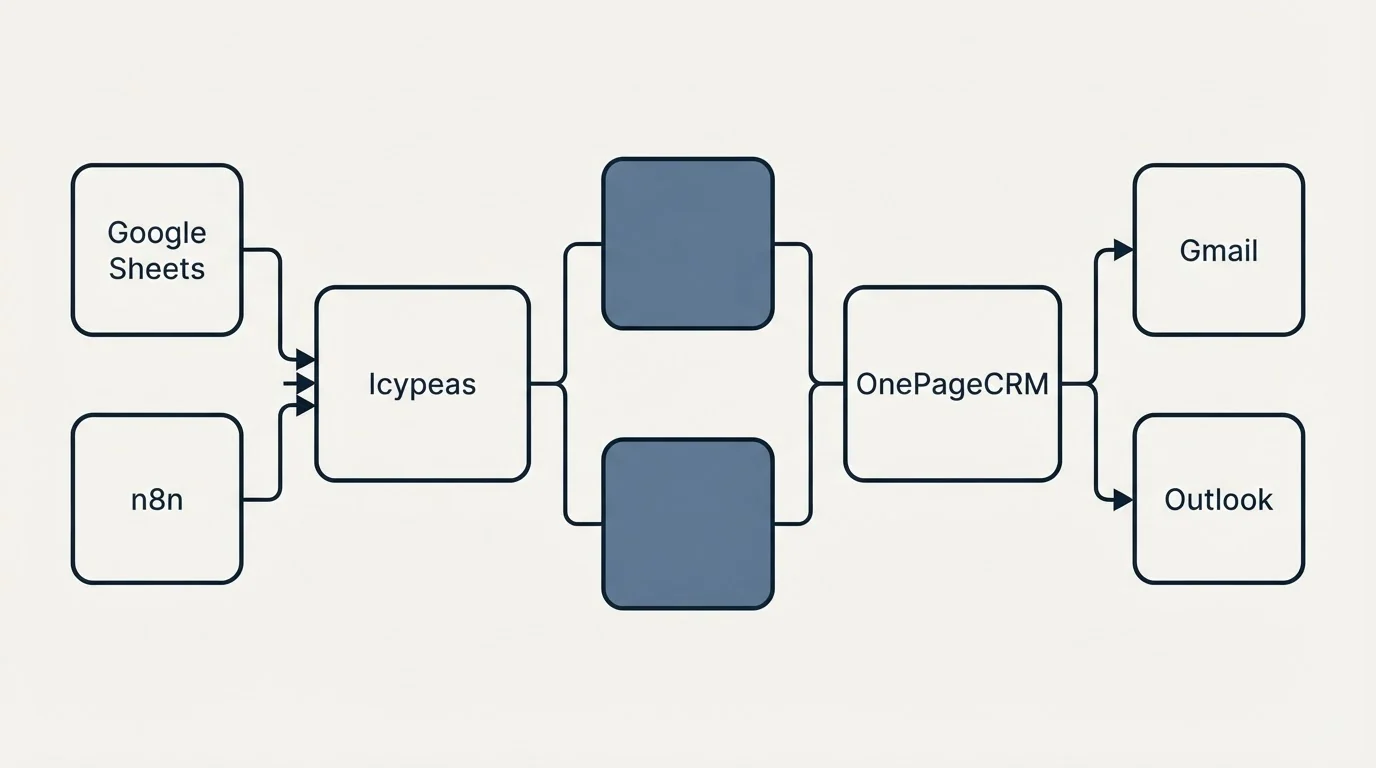 Integration flow: Integration Ecosystem (Icypeas, OnePageCRM, Google Sheets, Gmail)