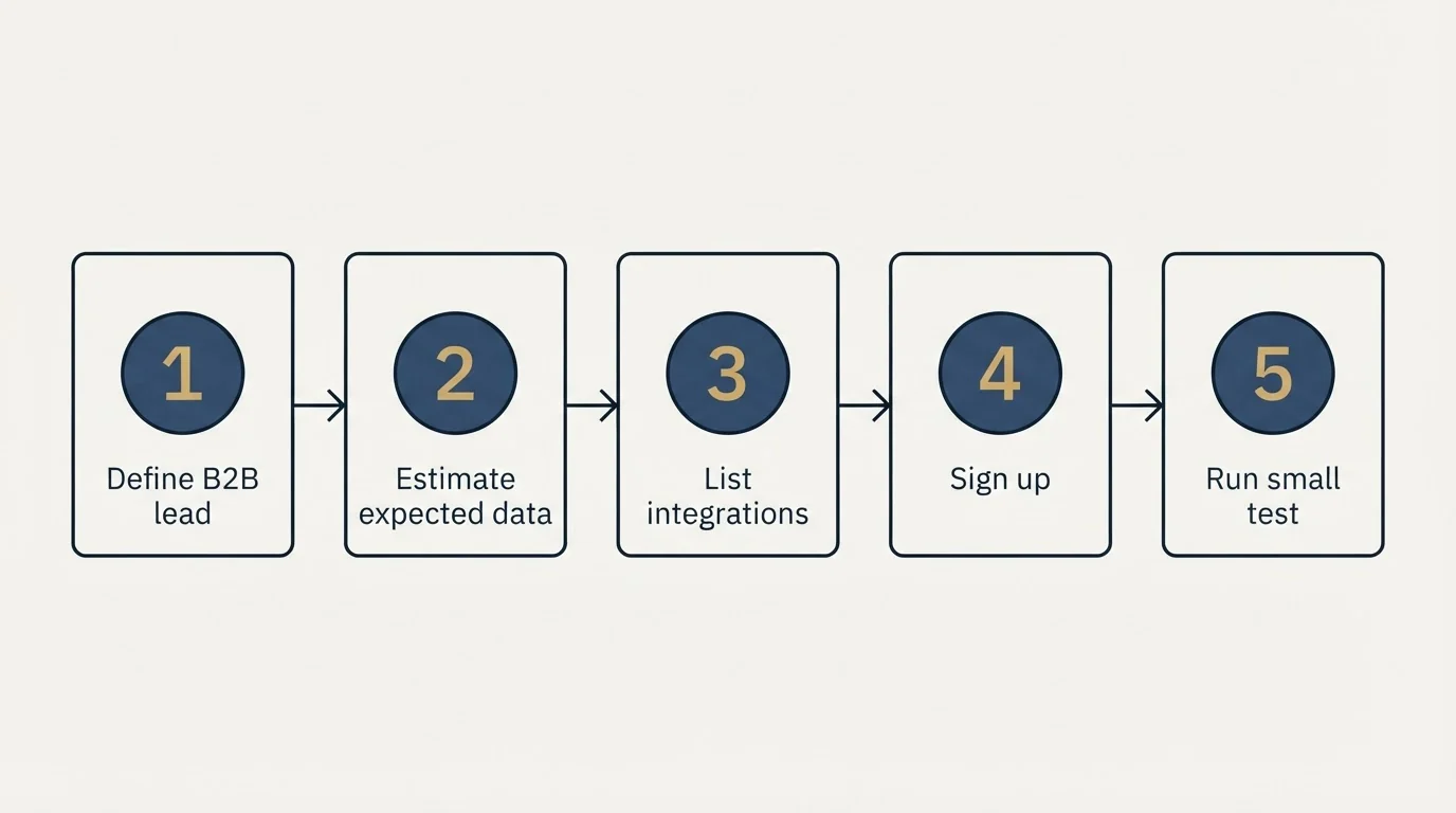 Step sequence: Getting Started Checklist (Define B2B lead, Estimate expected data, List integrations, Sign up)