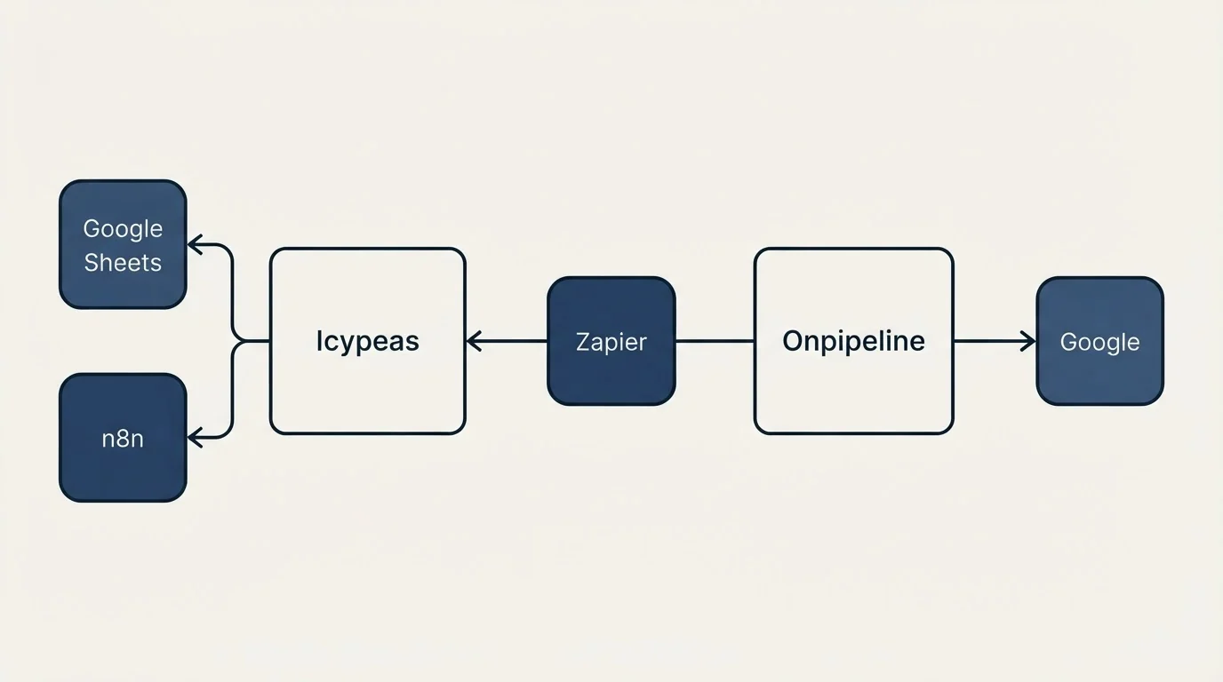 Integration schematic: Integration Ecosystem (Icypeas, Onpipeline, Zapier, Google Sheets)