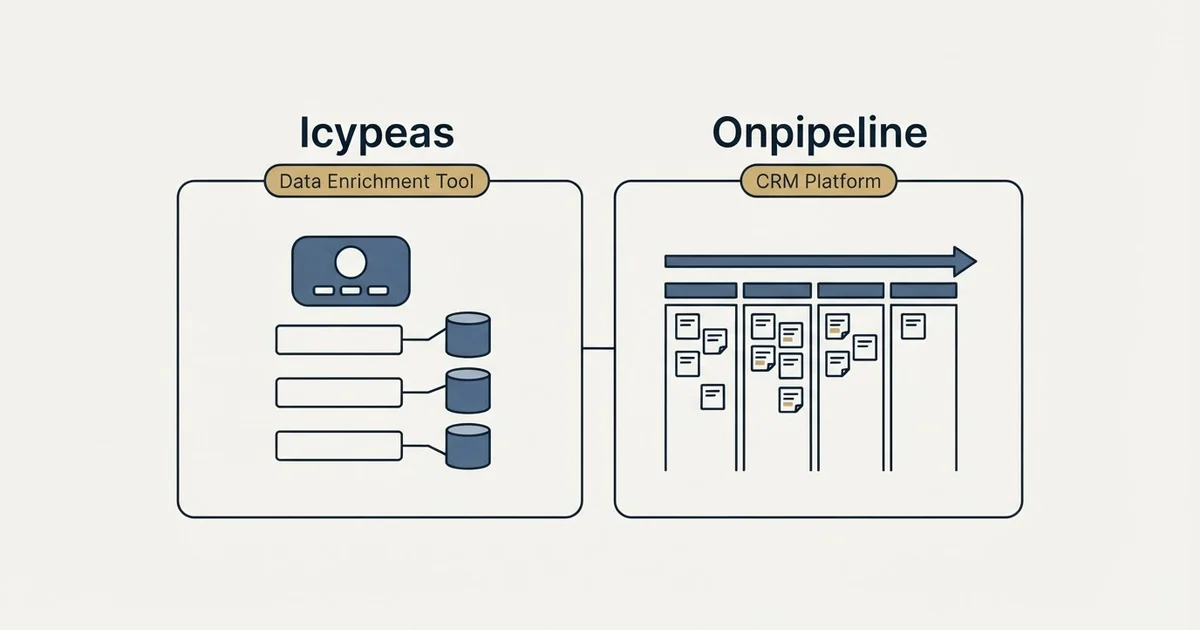 Side-by-side panels: Icypeas vs Onpipeline (Data Enrichment Tool, CRM Platform)