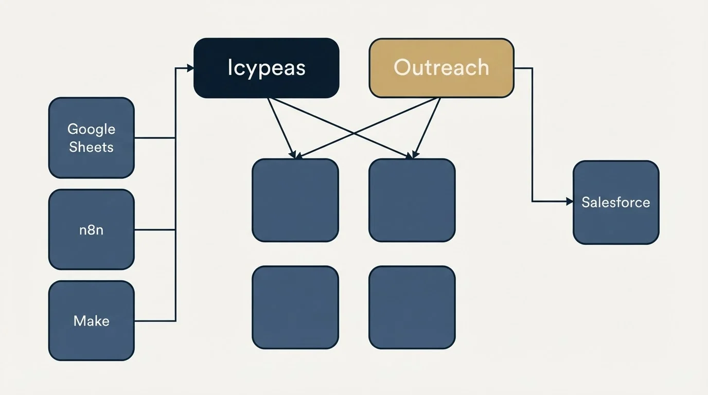 Integration grid: Integration Ecosystem (Icypeas, Outreach, Google Sheets, Salesforce)
