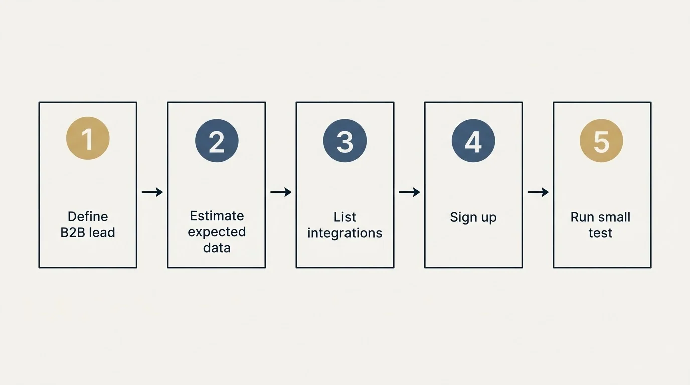 Step sequence: Getting Started Checklist (Define B2B lead, Estimate expected data, List integrations, Sign up)