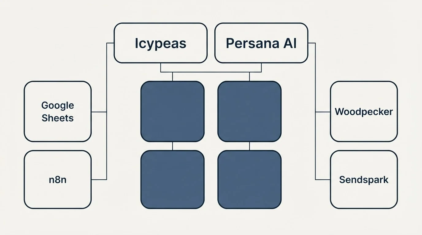 Integration grid: Integration Ecosystem (Icypeas, Persana AI, Google Sheets, Woodpecker)