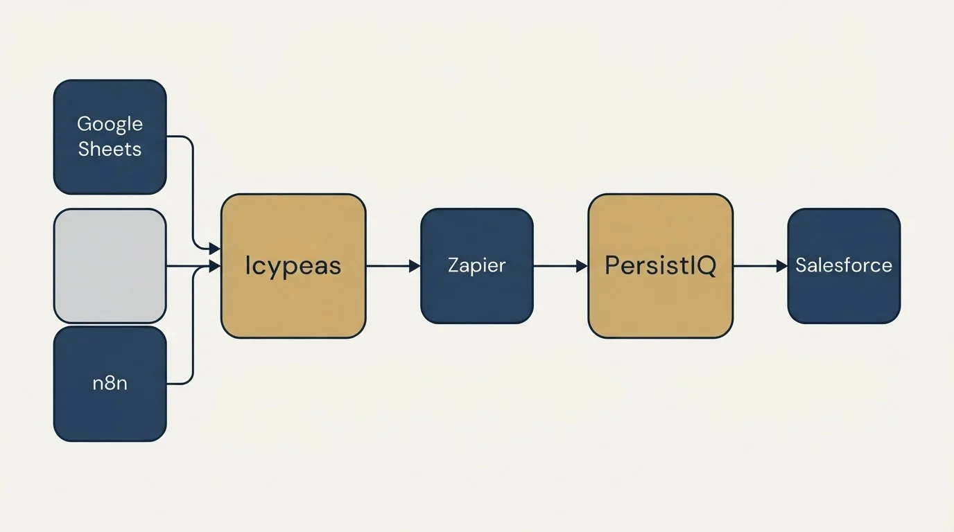 Integration schematic: Integration Ecosystem (Icypeas, PersistIQ, Zapier, Google Sheets)