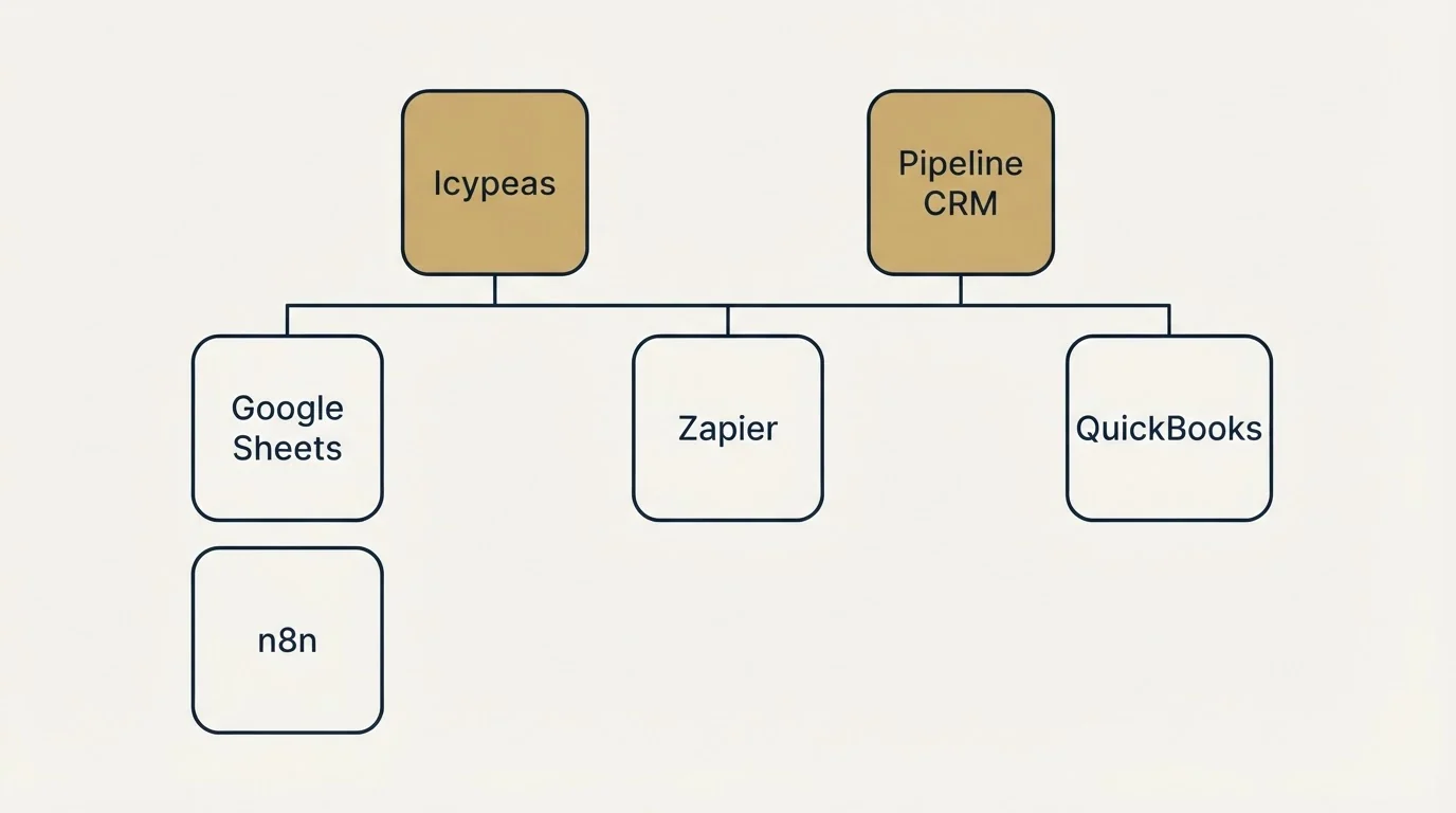 Integration grid: Integration Ecosystem (Icypeas, Pipeline CRM, Zapier, Google Sheets)
