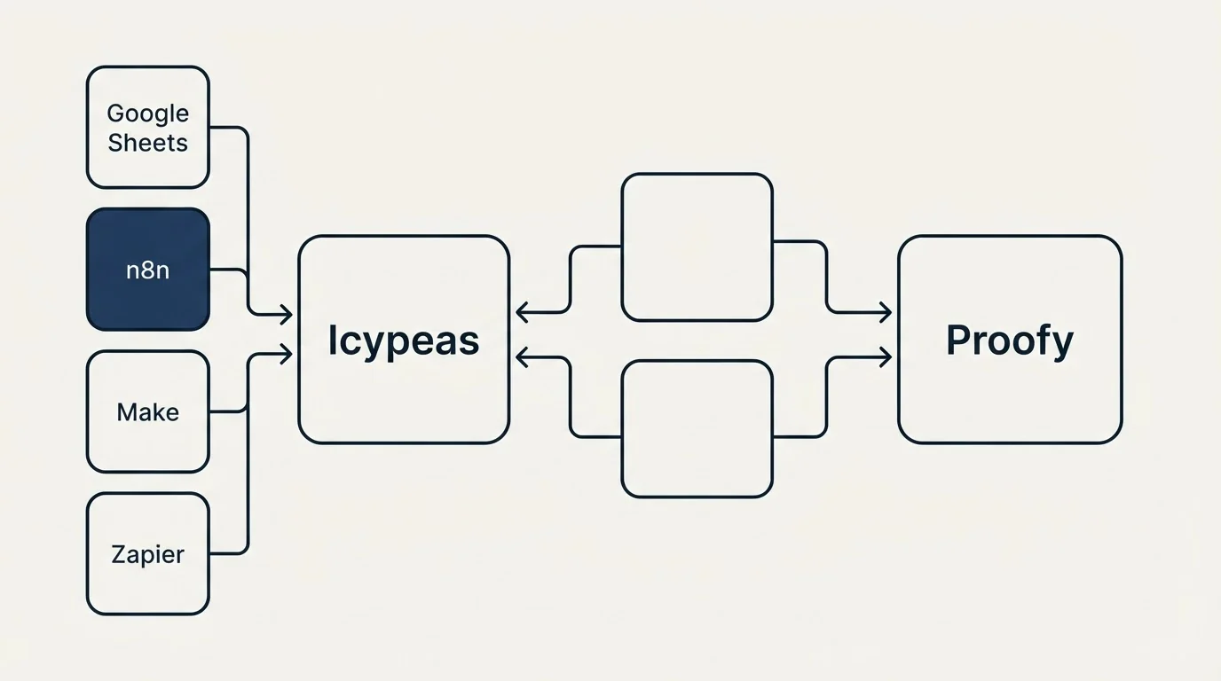 Integration schematic: Integration Ecosystem (Icypeas, Proofy, Google Sheets, n8n)