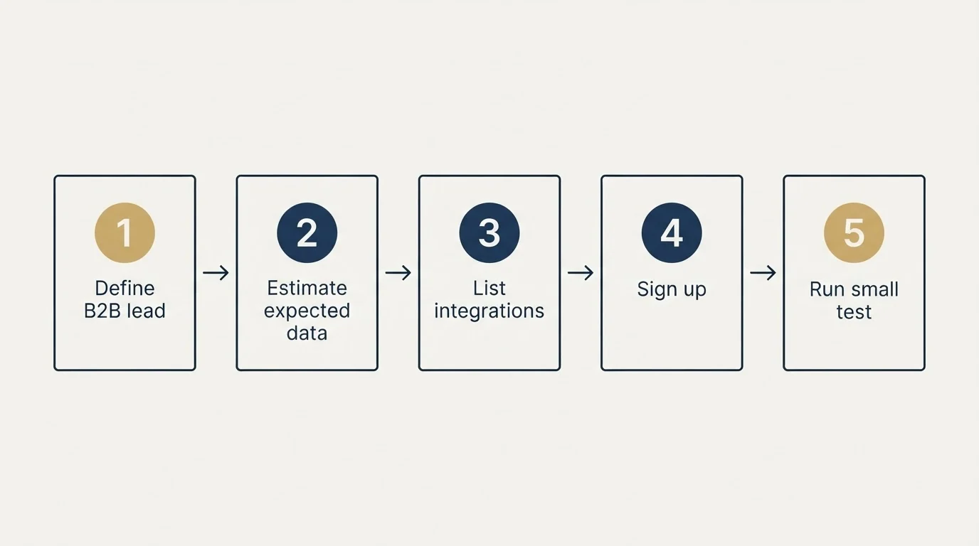 Step sequence: Getting Started Checklist (Define B2B lead, Estimate expected data, List integrations, Sign up)