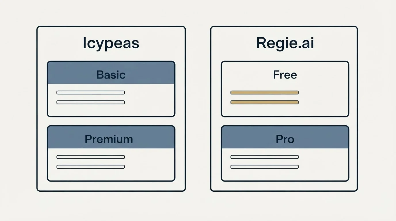 Pricing panels: Pricing Comparison (Icypeas, Regie.ai, Basic, Free)