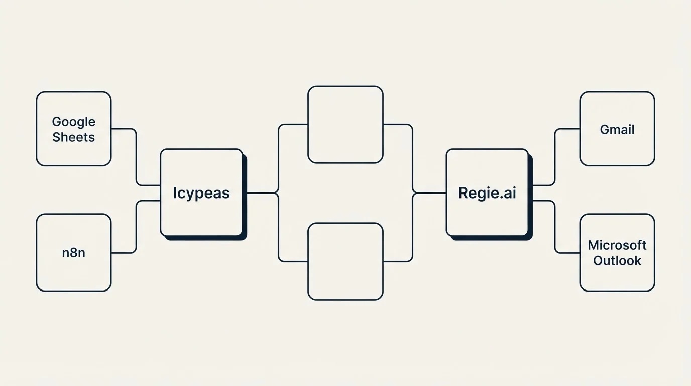 Integration flow: Integration Ecosystem (Icypeas, Regie.ai, Google Sheets, Gmail)