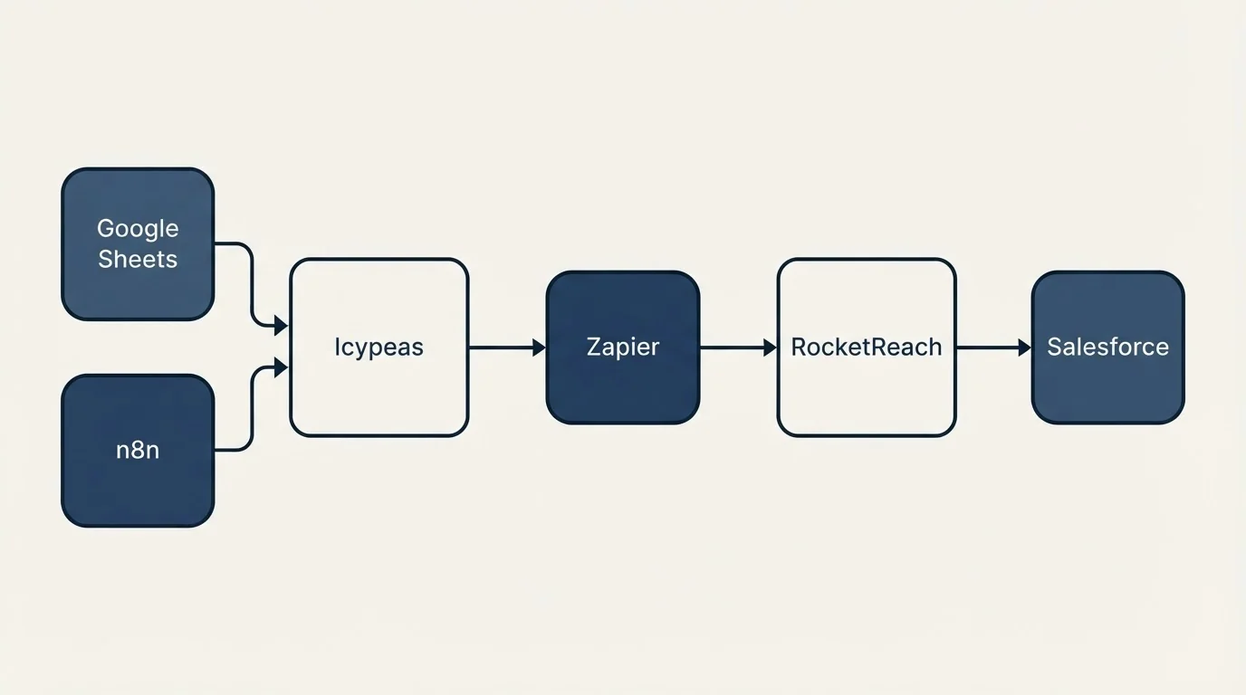 Integration schematic: Integration Ecosystem (Icypeas, RocketReach, Zapier, Google Sheets)