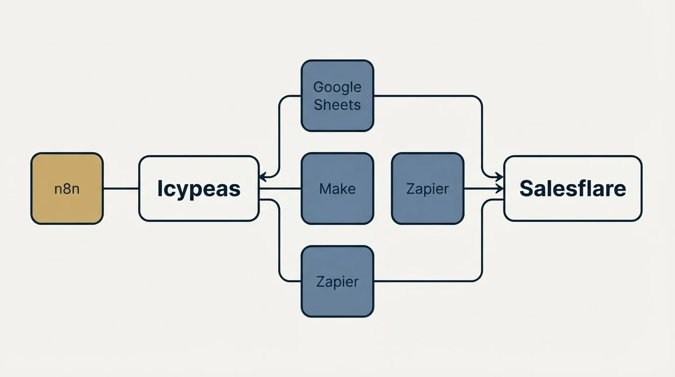 Integration schematic: Integration Ecosystem (Icypeas, Salesflare, Google Sheets, Make)