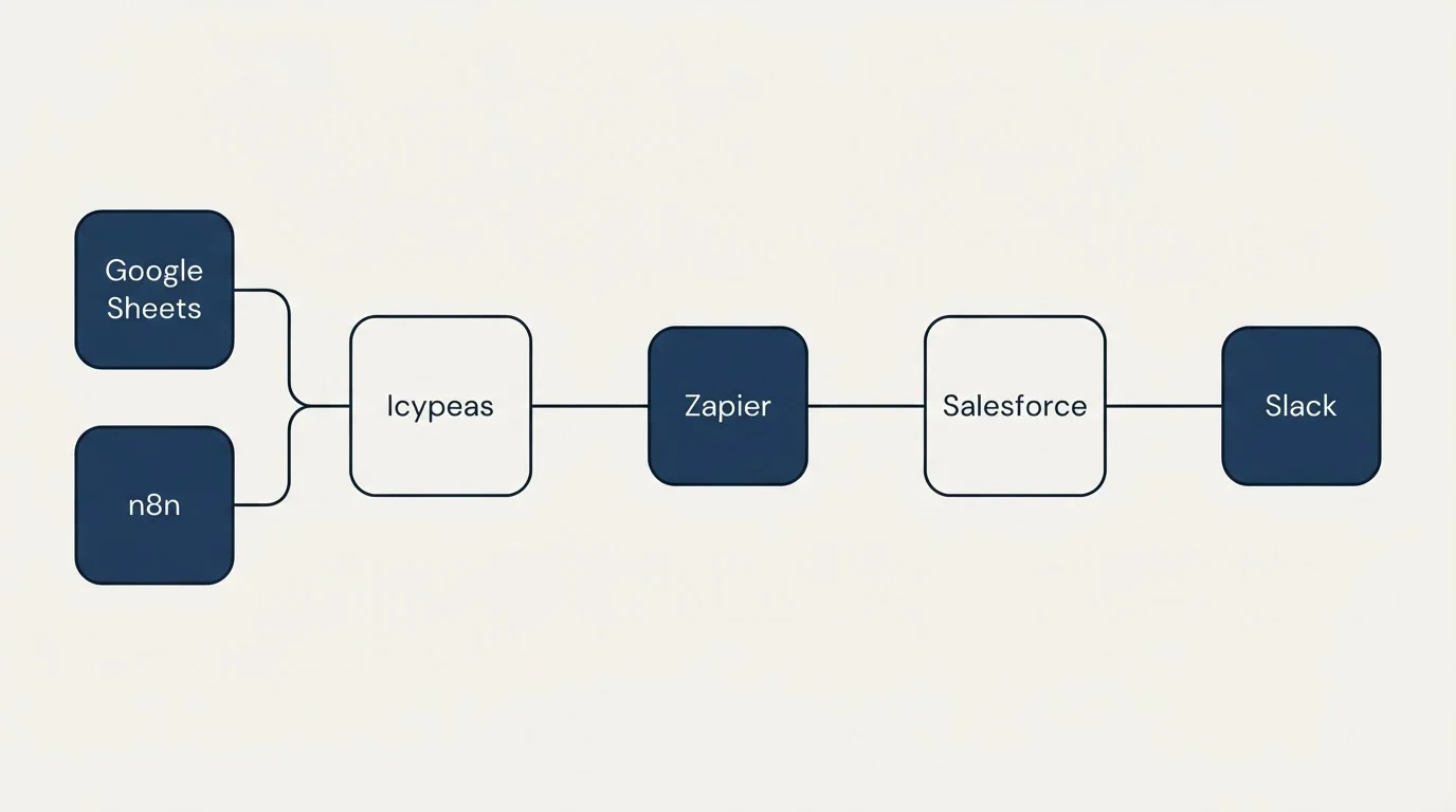Integration flow: Integration Ecosystem (Icypeas, Salesforce, Zapier, Google Sheets)