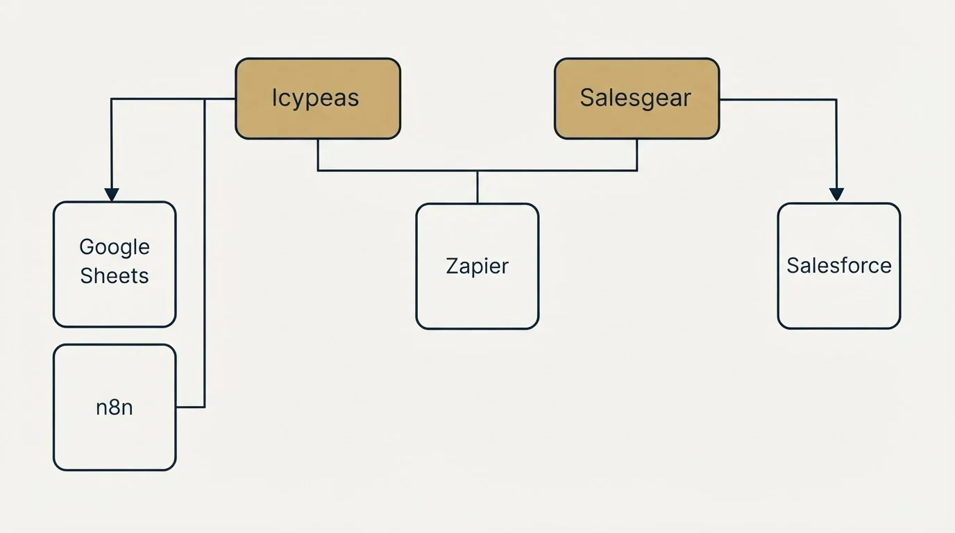 Integration grid: Integration Ecosystem (Icypeas, Salesgear, Zapier, Google Sheets)