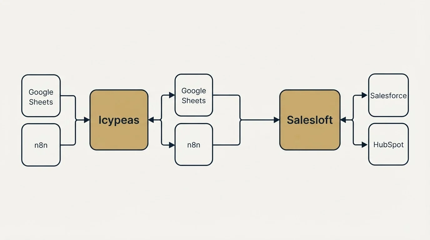 Integration schematic: Integration Ecosystem (Icypeas, Salesloft, Google Sheets, Salesforce)