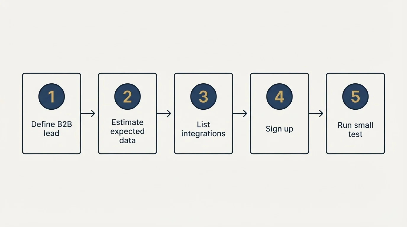 Step sequence: Getting Started Checklist (Define B2B lead, Estimate expected data, List integrations, Sign up)
